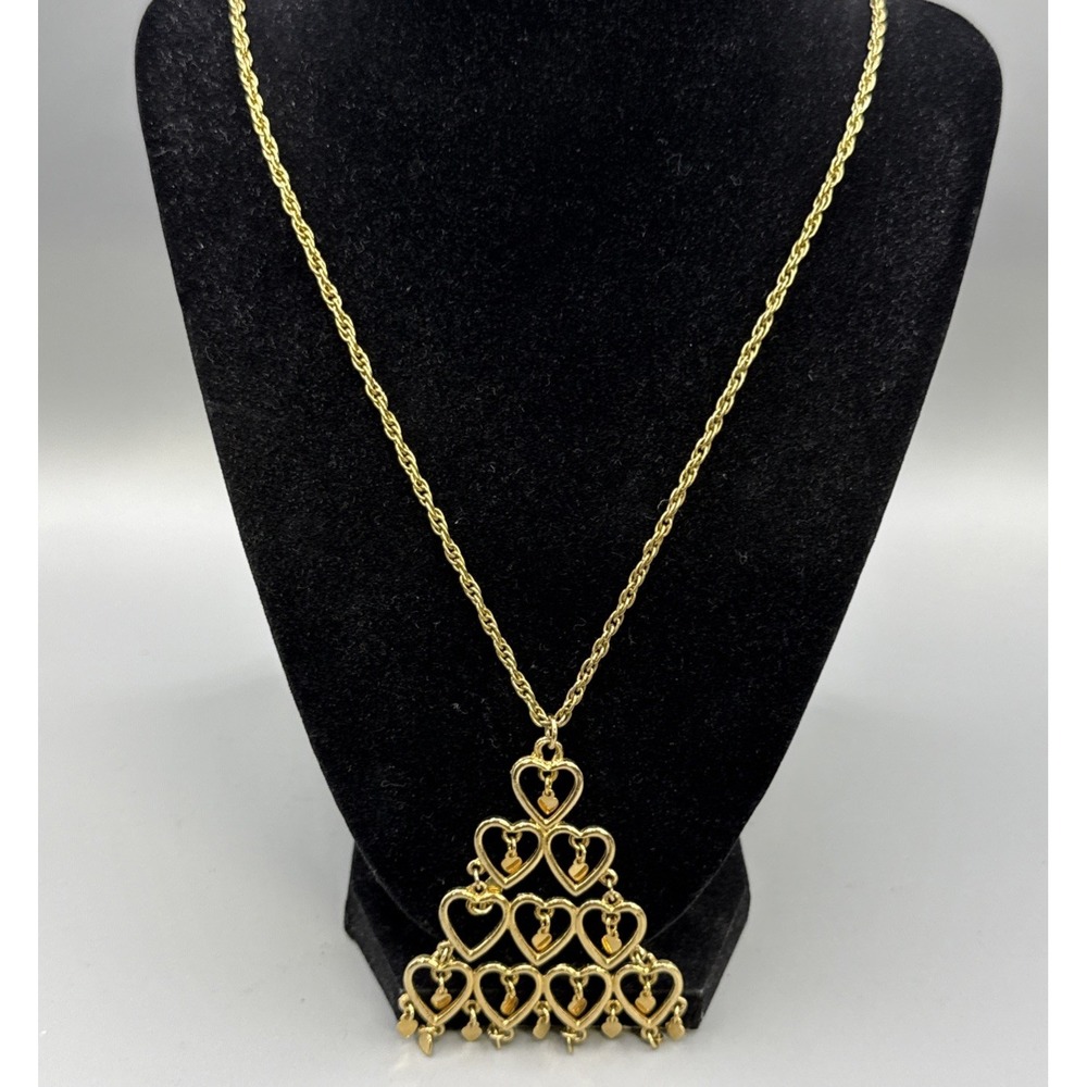 Vintage Gold Tone Pyramid Hearts Rope Chain Necklace 14 3/4"
